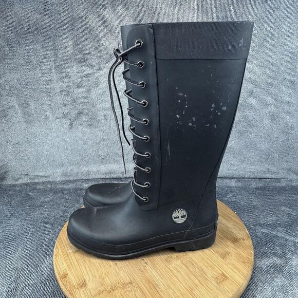 Timberland Boots Womens Size 8 Black Rubber Lace Tall Knee High Rain Waterproof - Picture 3 of 8